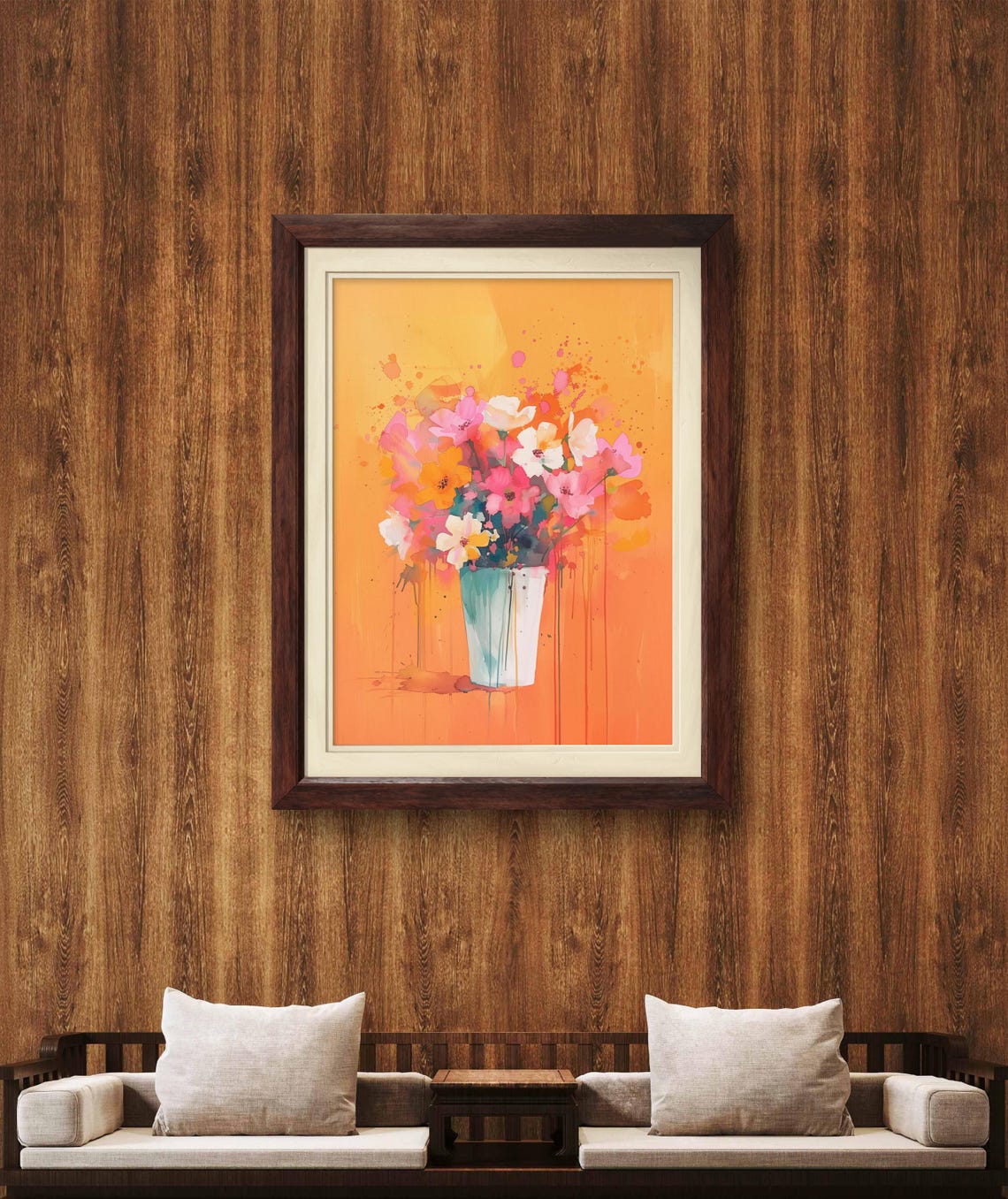 Bold Orange Floral Still Life Pink White Blossoms Modern Vase Poster - Image 4
