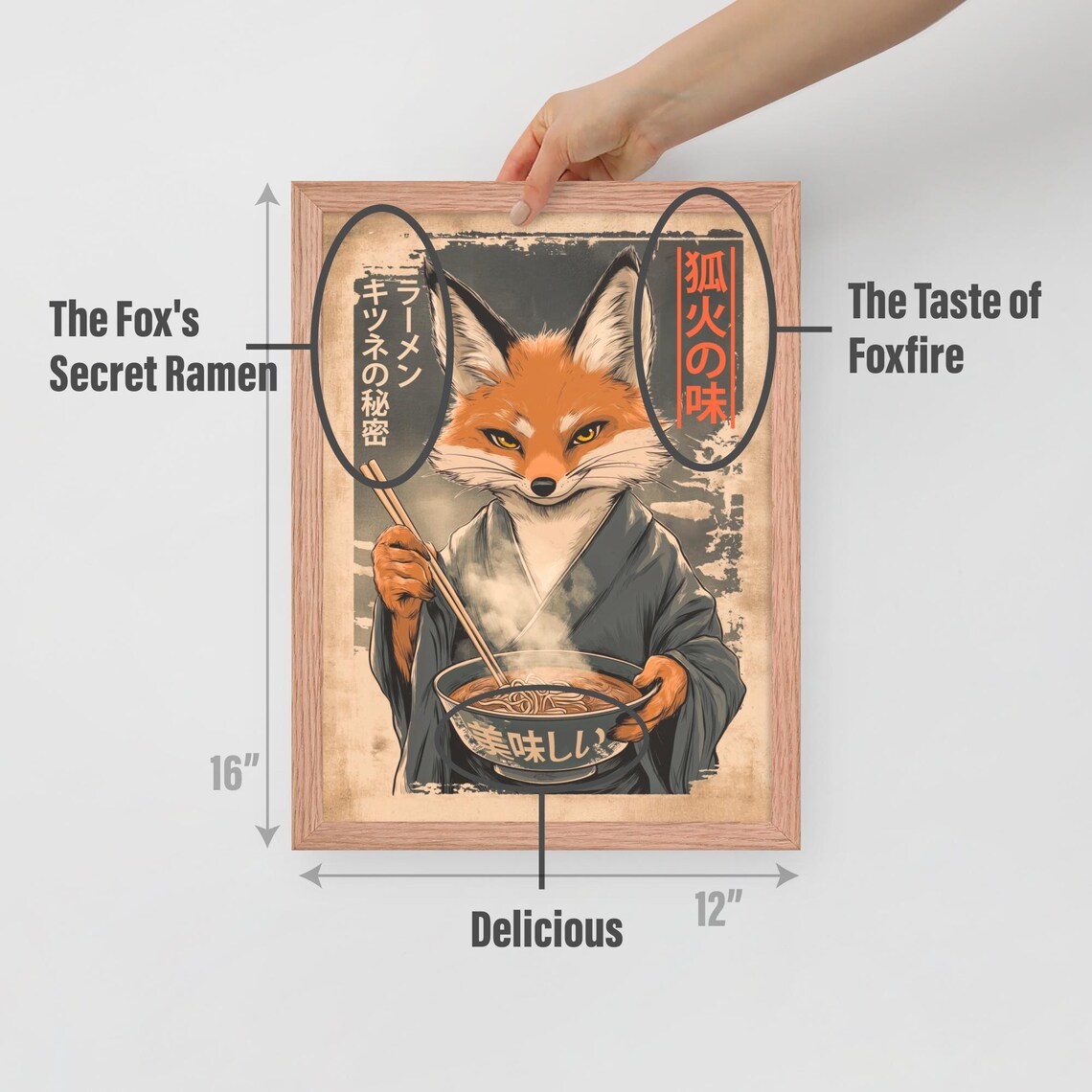 Vintage Fox in Kimono Holding Ramen Bowl Japanese Restaurant Wall Art Poster - Image 5