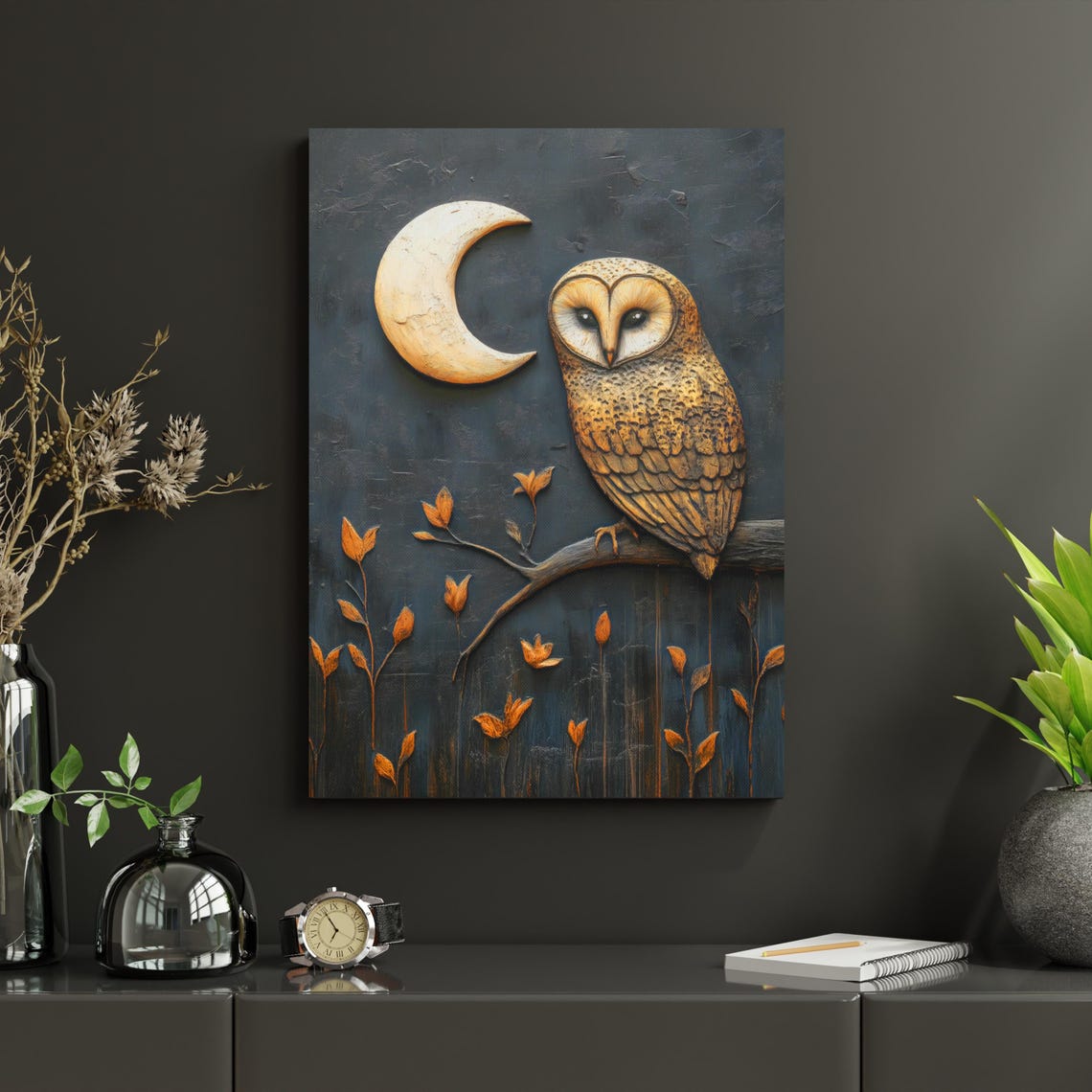 Barn Owl Under Crescent Moon Black Gold Rustic Bird Art Wall Poster - Image 2