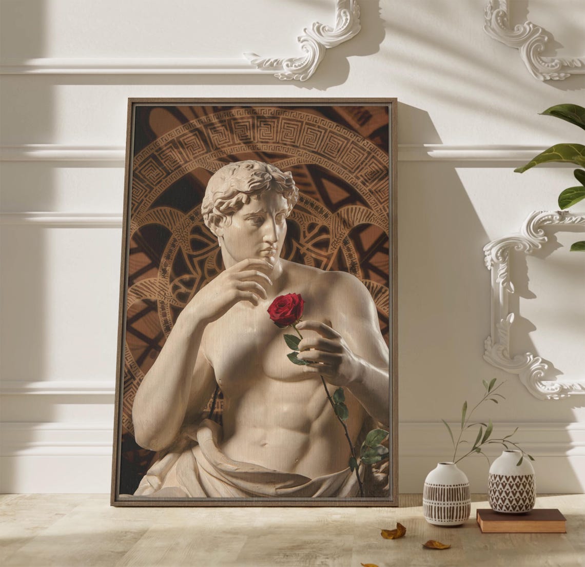 Greek Marble Statue Holding Red Rose Classical Romantic Wall Poster