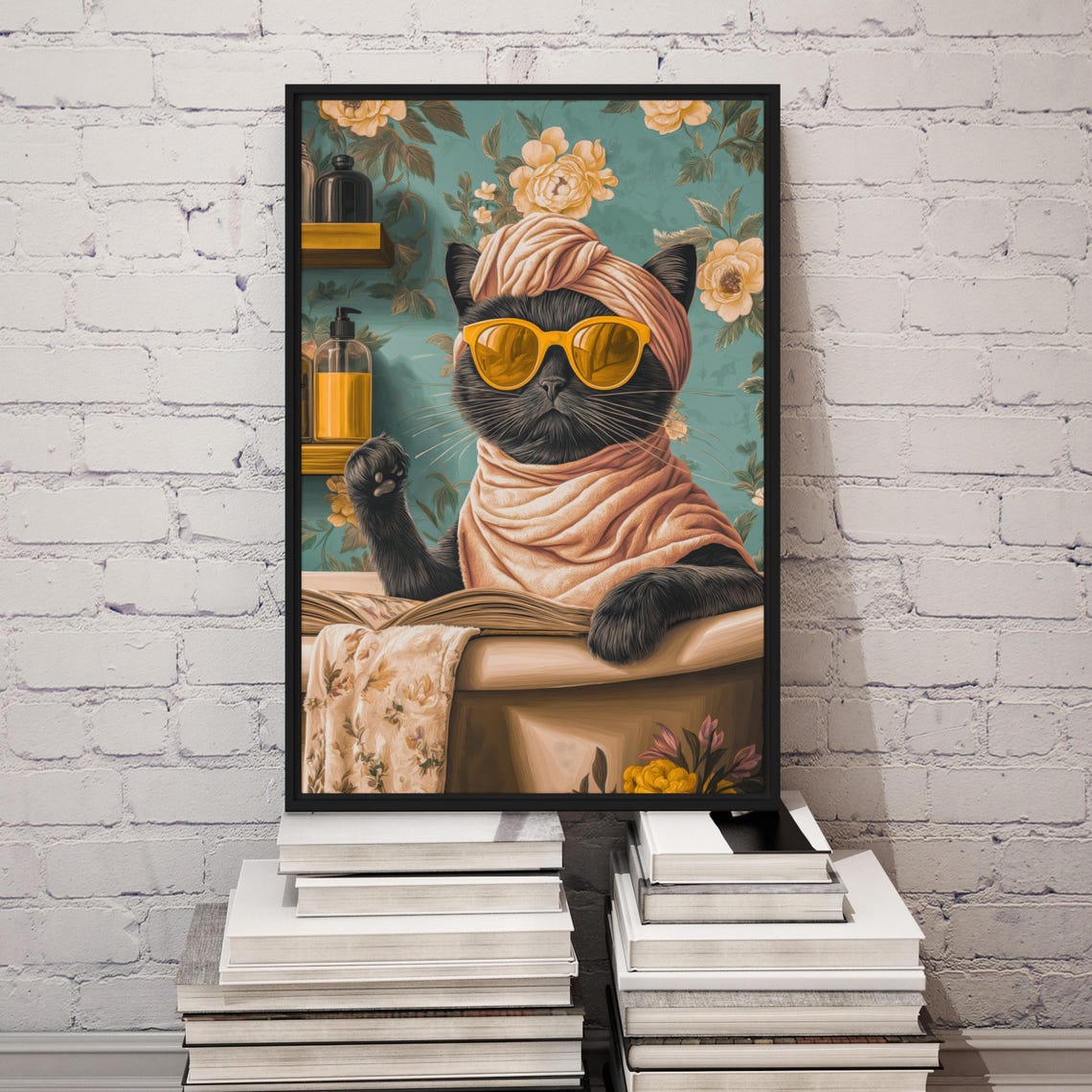 Black Cat Bath Spa Towel Turban Sunglasses Funny Bathroom Wall Poster