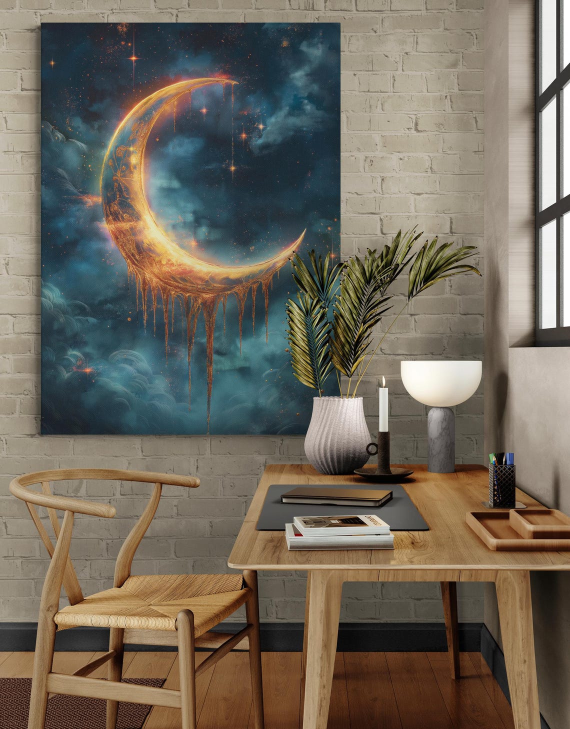Dripping Gold Crescent Moon Starry Night Sky Dreamy Celestial Poster - Image 3