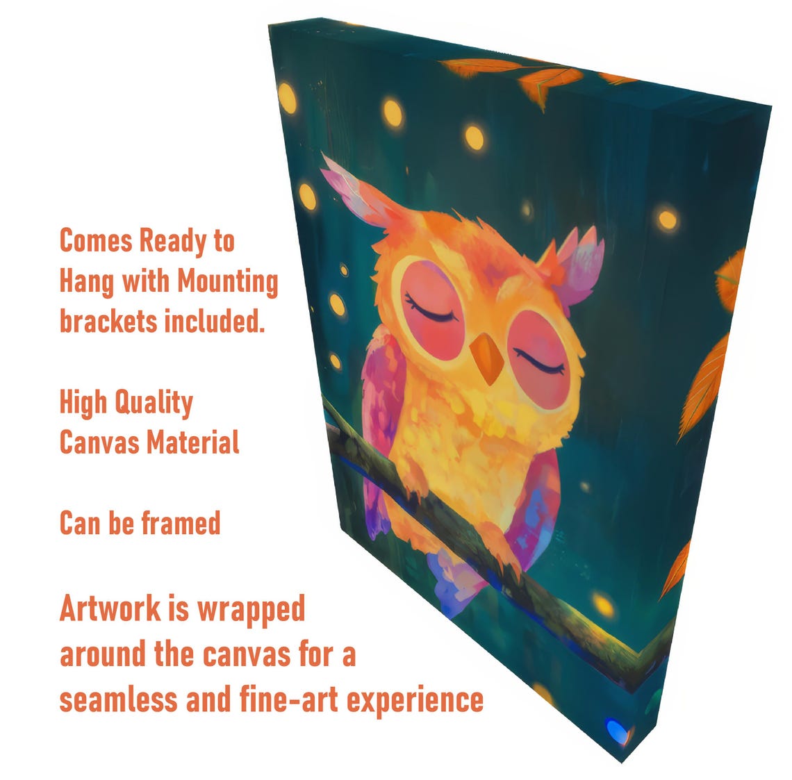 Sleepy Orange Owl On Branch Night Sky Cute Nursery Animal Wall Art - Image 4