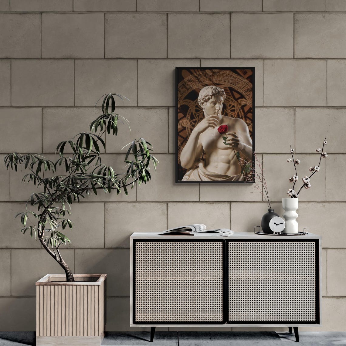 Greek Marble Statue Holding Red Rose Classical Romantic Wall Poster - Image 3
