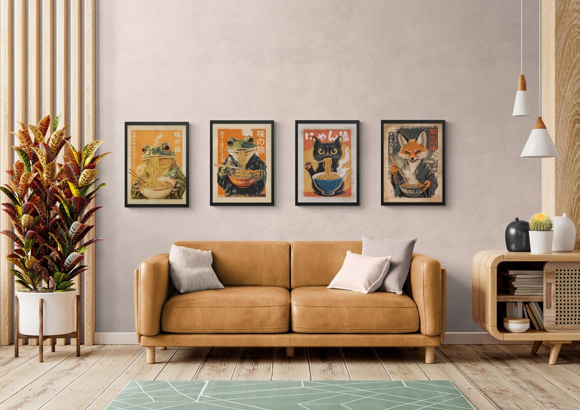 Cute Black Cat Eating Ramen With Chopsticks Retro Japanese Pop Art Poster - Image 5