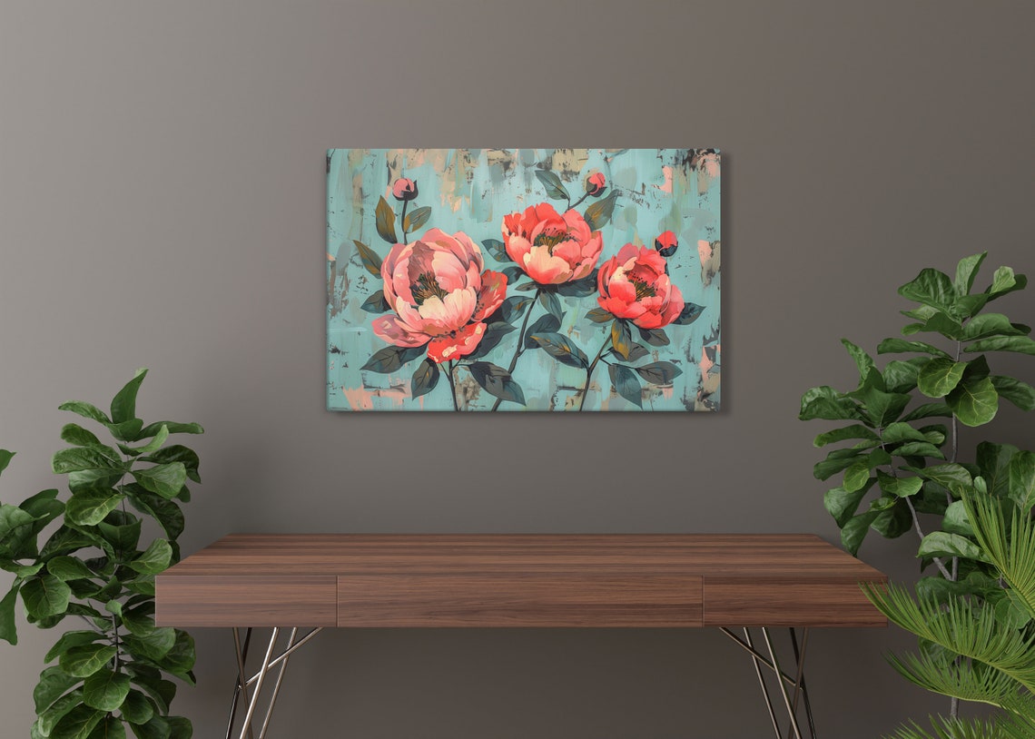 Coral Peony Blossoms Teal Background Modern Floral Wall Art Poster - Image 4