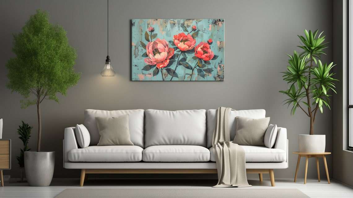 Coral Peony Blossoms Teal Background Modern Floral Wall Art Poster - Image 2