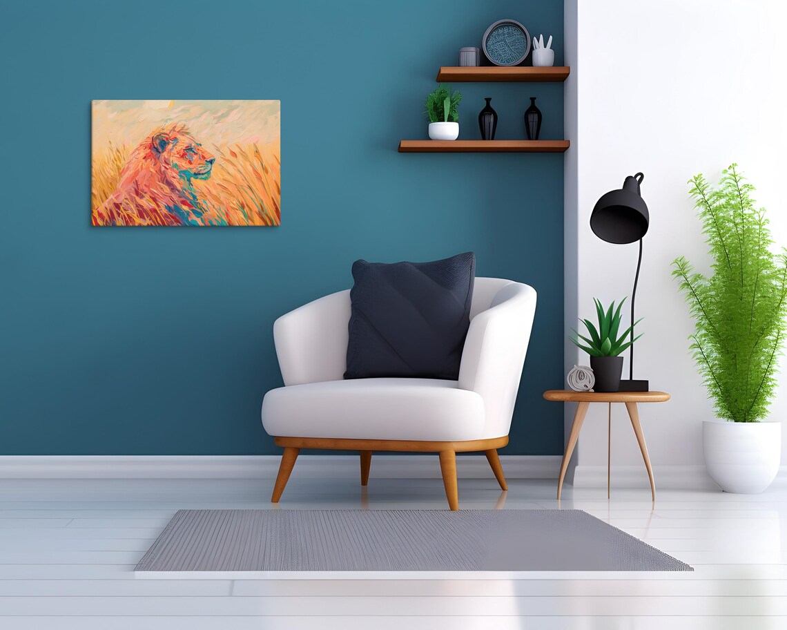 Lion in Golden Grass Impasto Oil Brushstrokes Orange and Teal Art Poster - Image 4