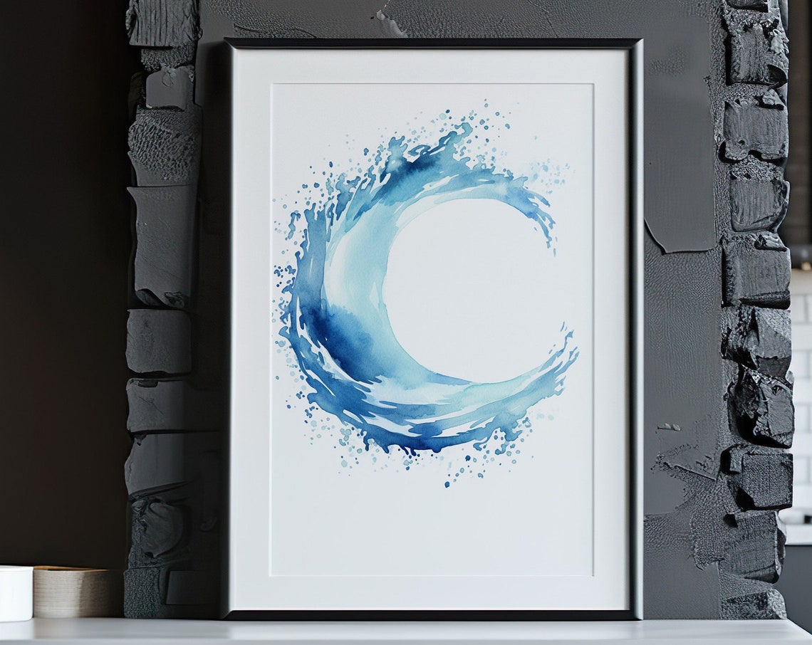 Blue Watercolor Wave Enso Circle Minimalist Zen Ocean Poster