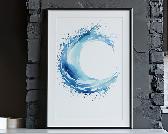 Blue Watercolor Wave Enso Circle Minimalist Zen Ocean Poster