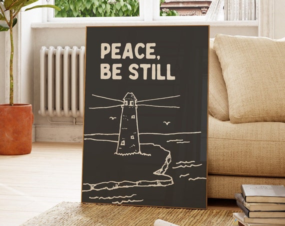 Lighthouse Bible Verse Wall Art Peace Be Still Christian Decor Minimalist Print Neutral Tone Poster