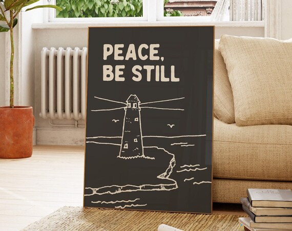 Peace Be Still Lighthouse Line Drawing Black Minimalist Christian Wall Art