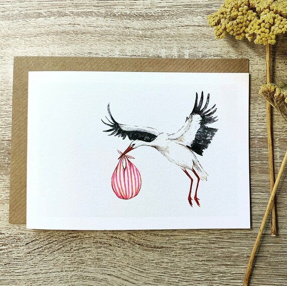 Stork Carrying Pink Baby Bundle New Baby Greeting Card Poster