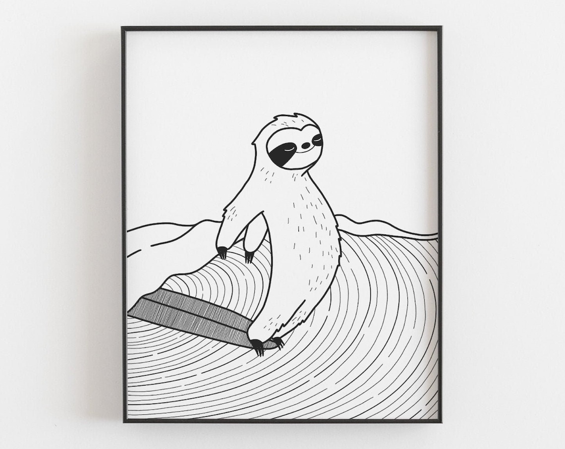 Surfing Sloth Black And White Animal Poster