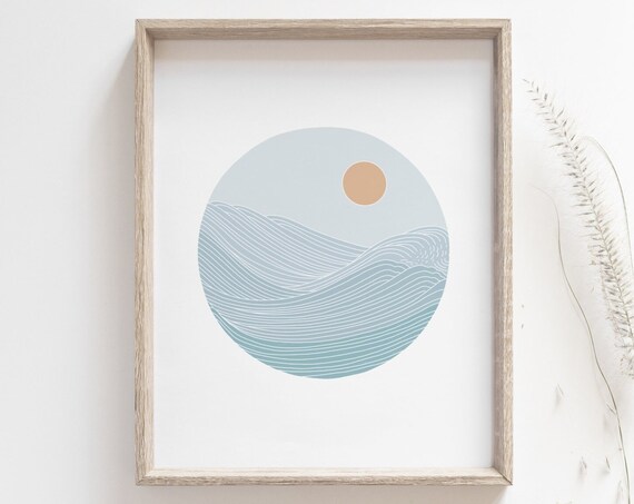 Sunset Ocean Sunset Poster, Boho Line Art Print