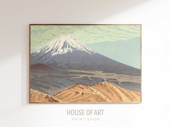 Japanese Mount Fuji Artwork Snowy Mountain Instant Print Graphic Volcano Landscape With Hut On A Hill Woodcut
