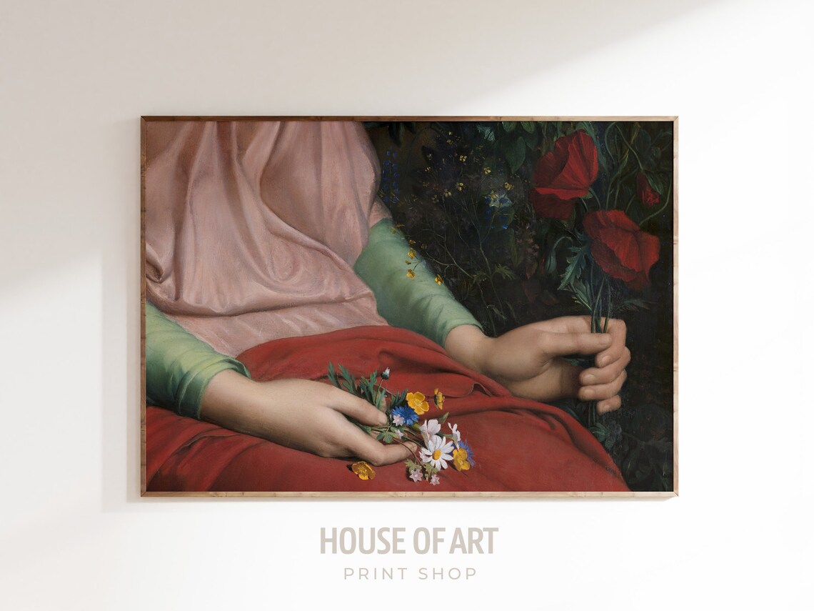 Woman's Hands Holding Wildflowers Red Dress Floral Oil Print