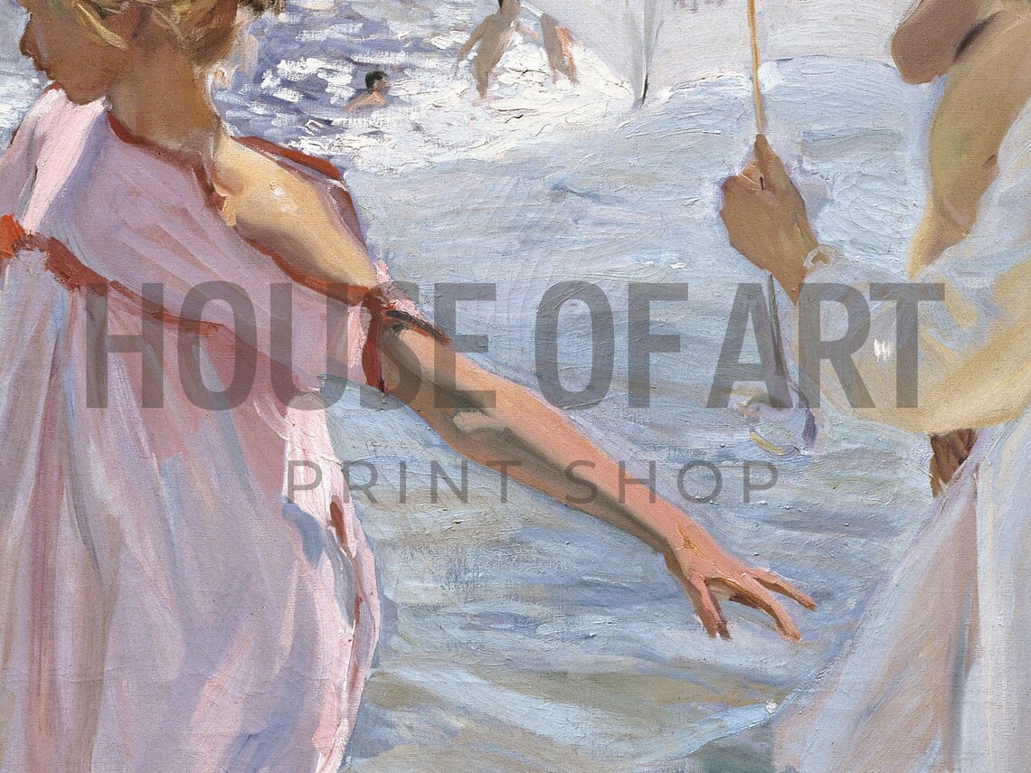 Children Playing Beach Pink Dress Parasol Sunlit Impressionist Print - Image 2