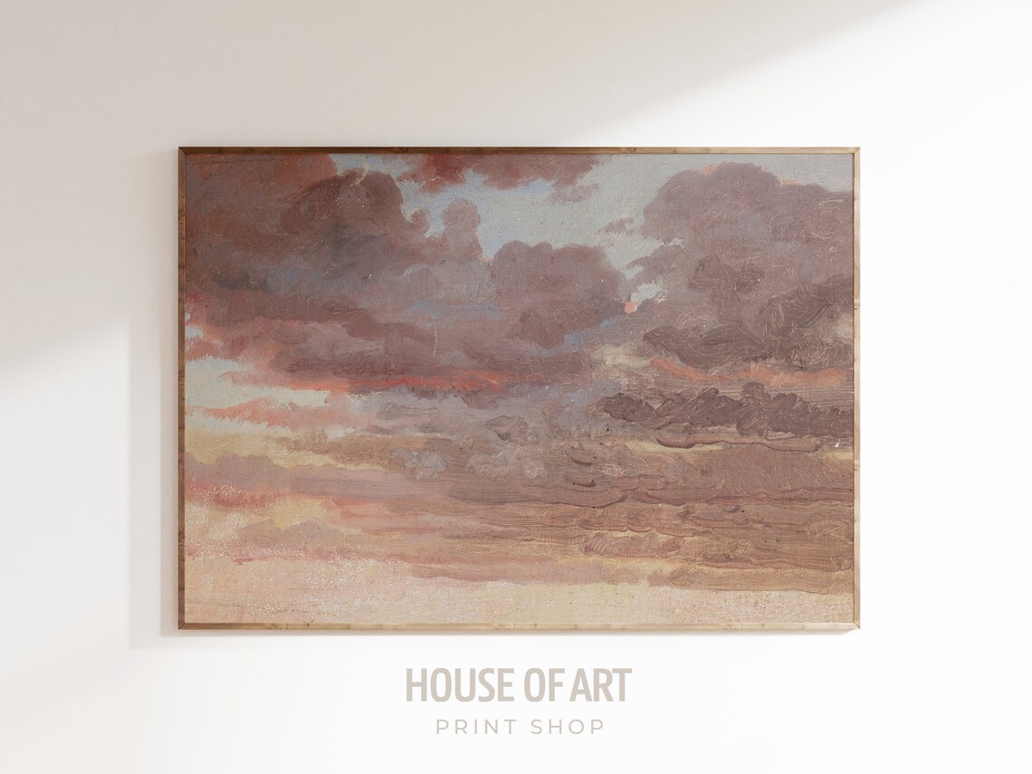 Moody Pink Sunset Cloud Study Vintage Oil Painting Sky Print