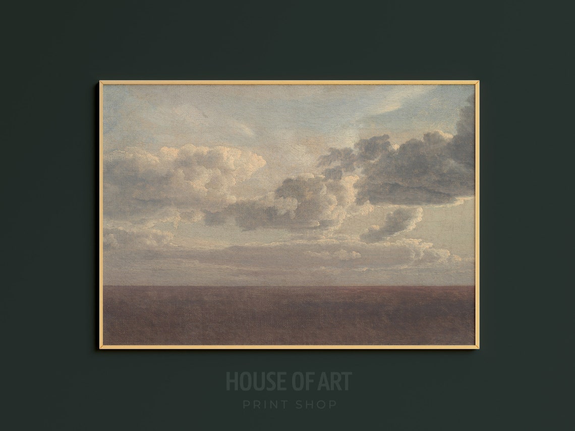 Vintage Cloud Study Neutral Sky Over Brown Plain Oil Painting Poster - Image 3
