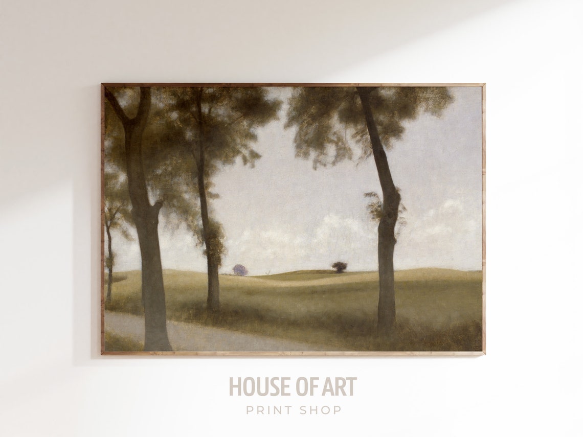 Danish Landscape Oil Painting Cornfields With Scattered Trees Muted Colors Calming View Impressionist Print Moody Wall Art