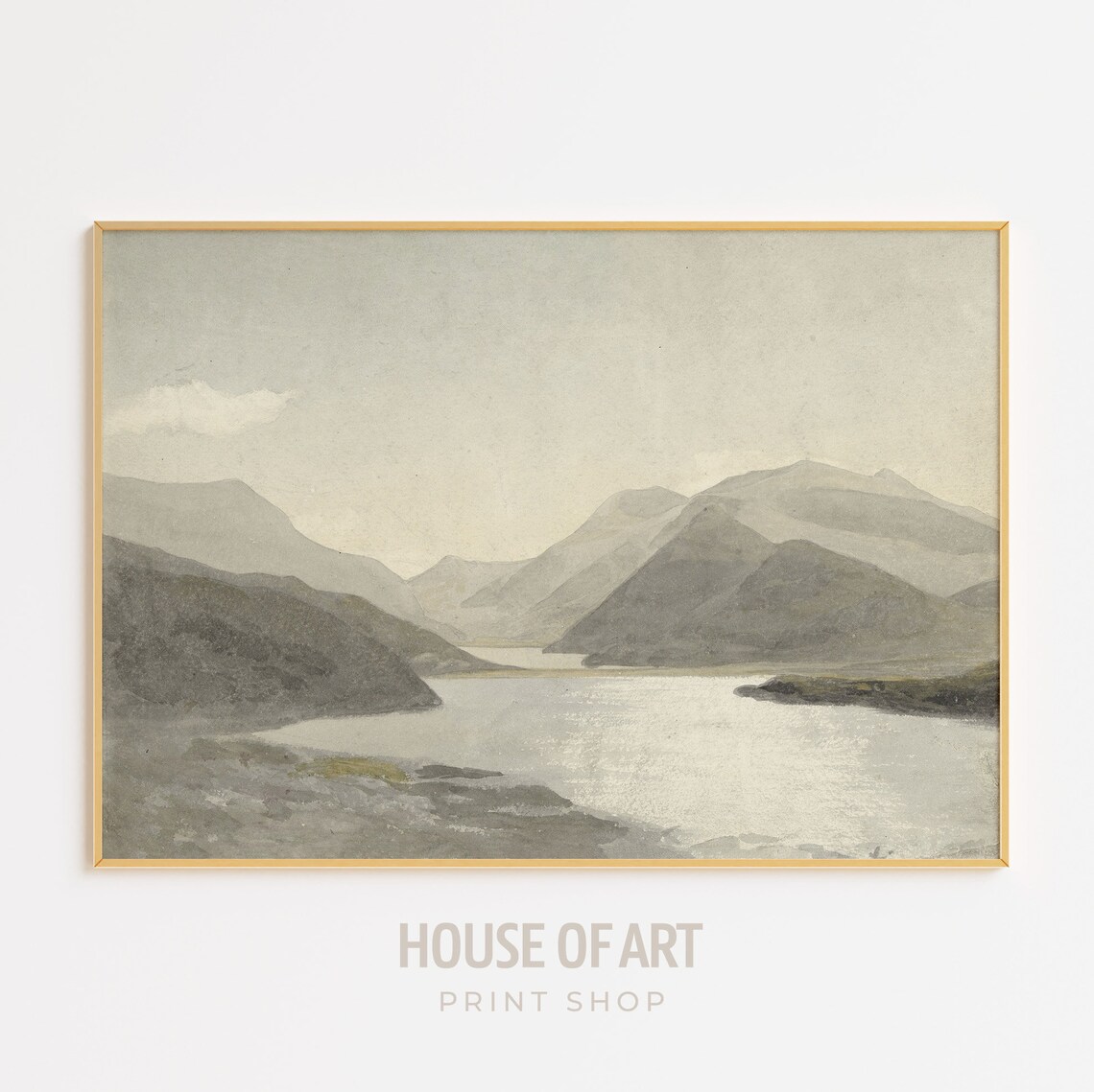 Calm Misty Lake Mountain Watercolor Grey Serene Landscape Print
