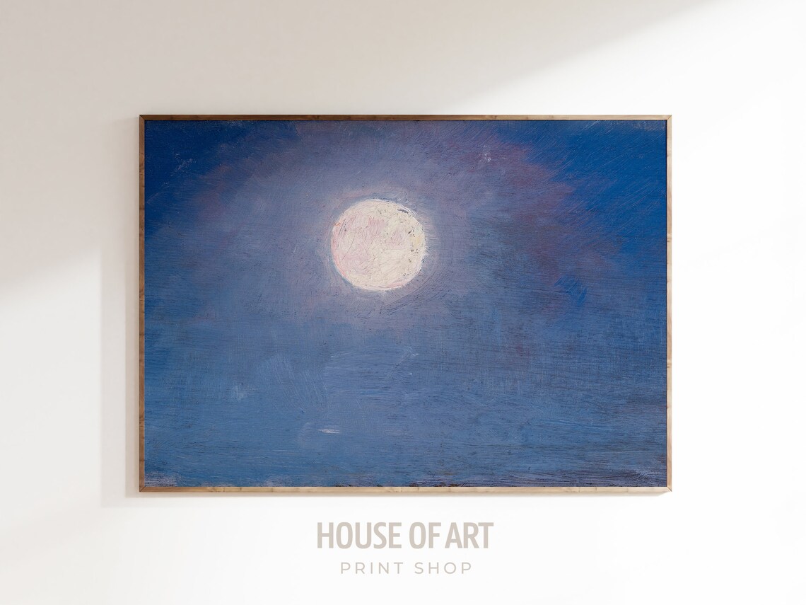 Glowing Full Moon Blue Night Sky Celestial Oil Painting Print - Image 3