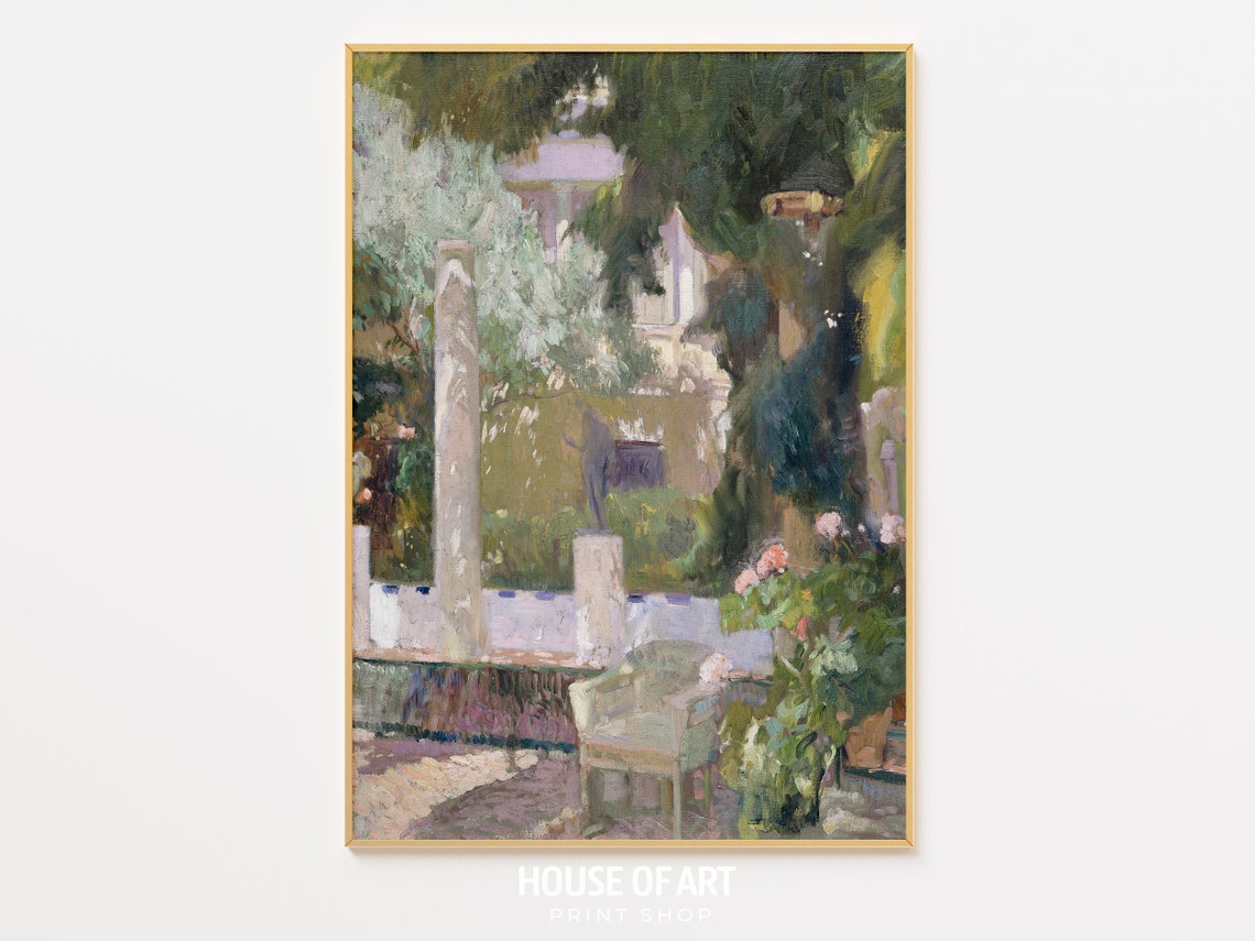 Garden Scene Artwork Sunlight Through Plants Instant Print Spanish Architecture Oil Painting Colors Shadows