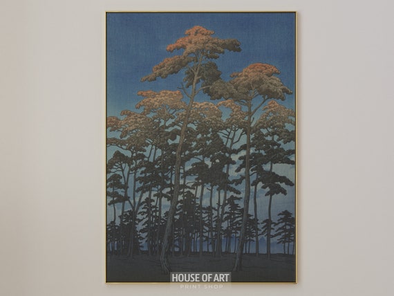 Japanese Tall Trees Artwork Vintage Towering Forest Instant Print High Pines Blue Sky Color Woodcut Lithograph
