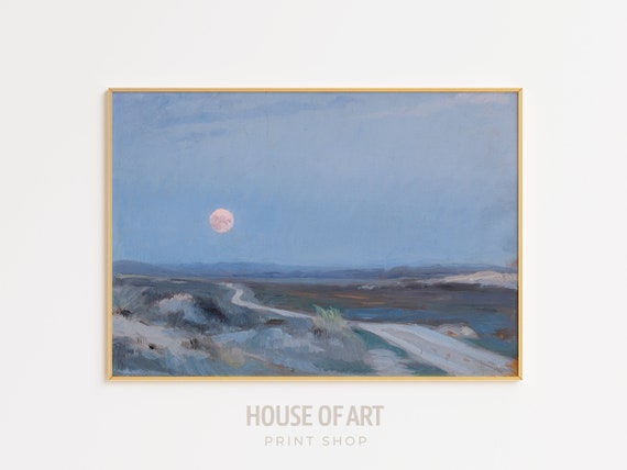 Moonrise Painting Vintage Landscape Full Moon Illustration Night Sky Print Celestial Gallery Wall Print Blue Wall Art