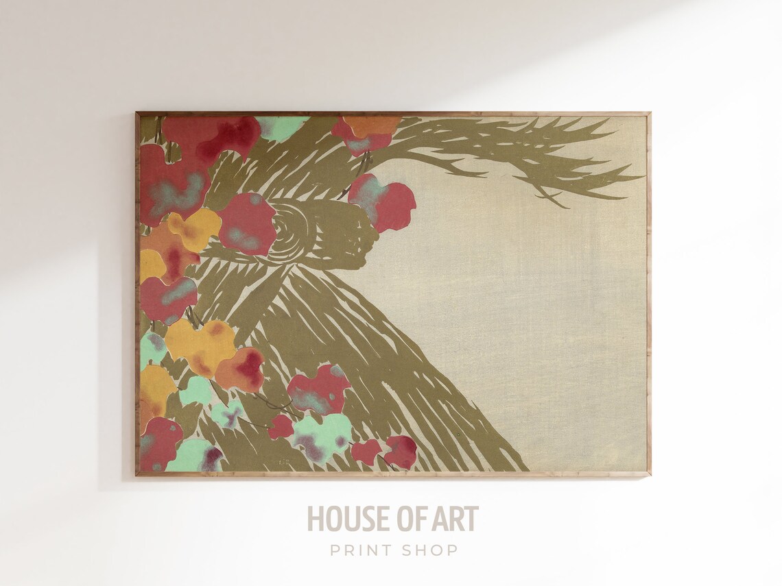 Japanese Woodcut Warm Autumn Ivy Branches Minimal Botanical Art Poster