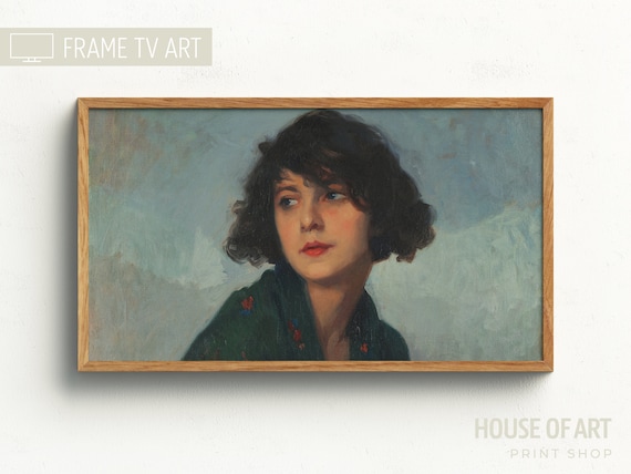 Vintage Young Woman Portrait Dark Curls Green Scarf Oil Painting Poster