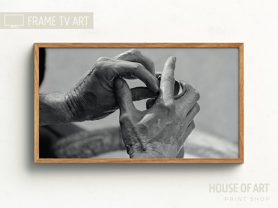 Potter Hands Shaping Clay Wheel Black White Photography Print