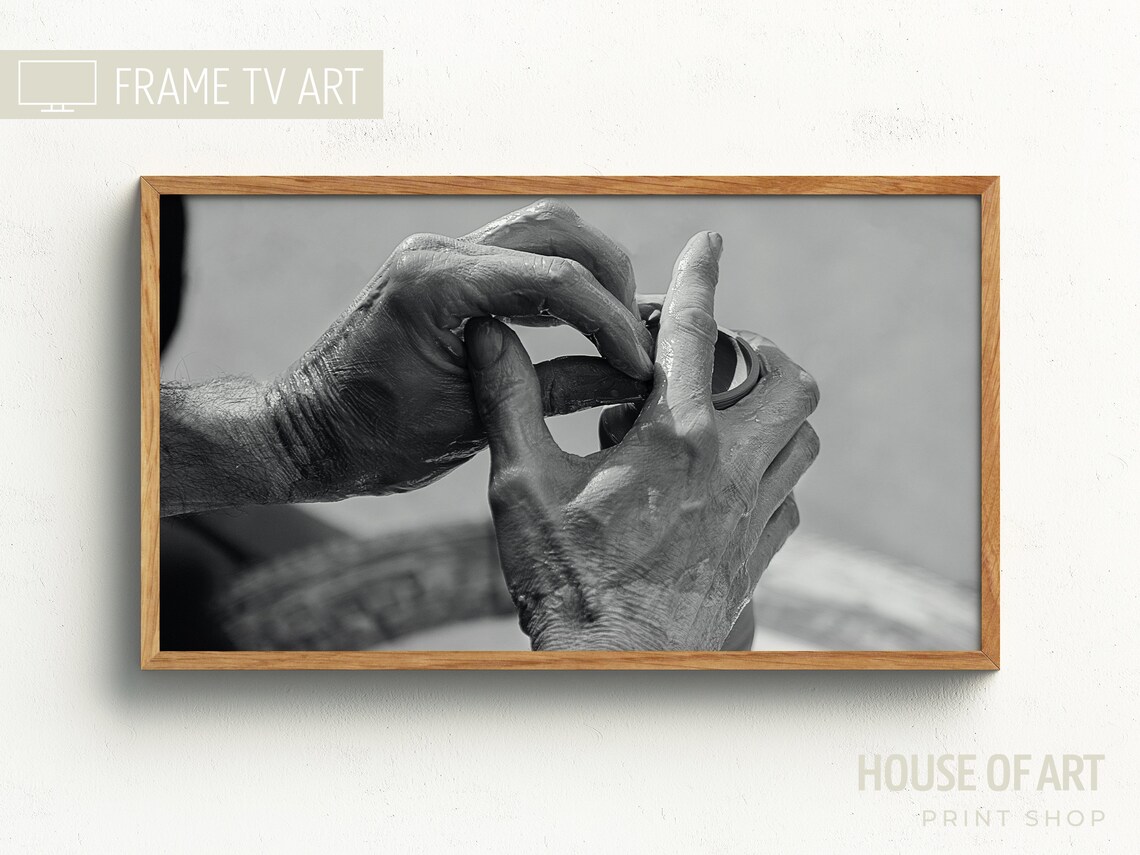 Potter Hands Shaping Clay Wheel Black White Photography Print