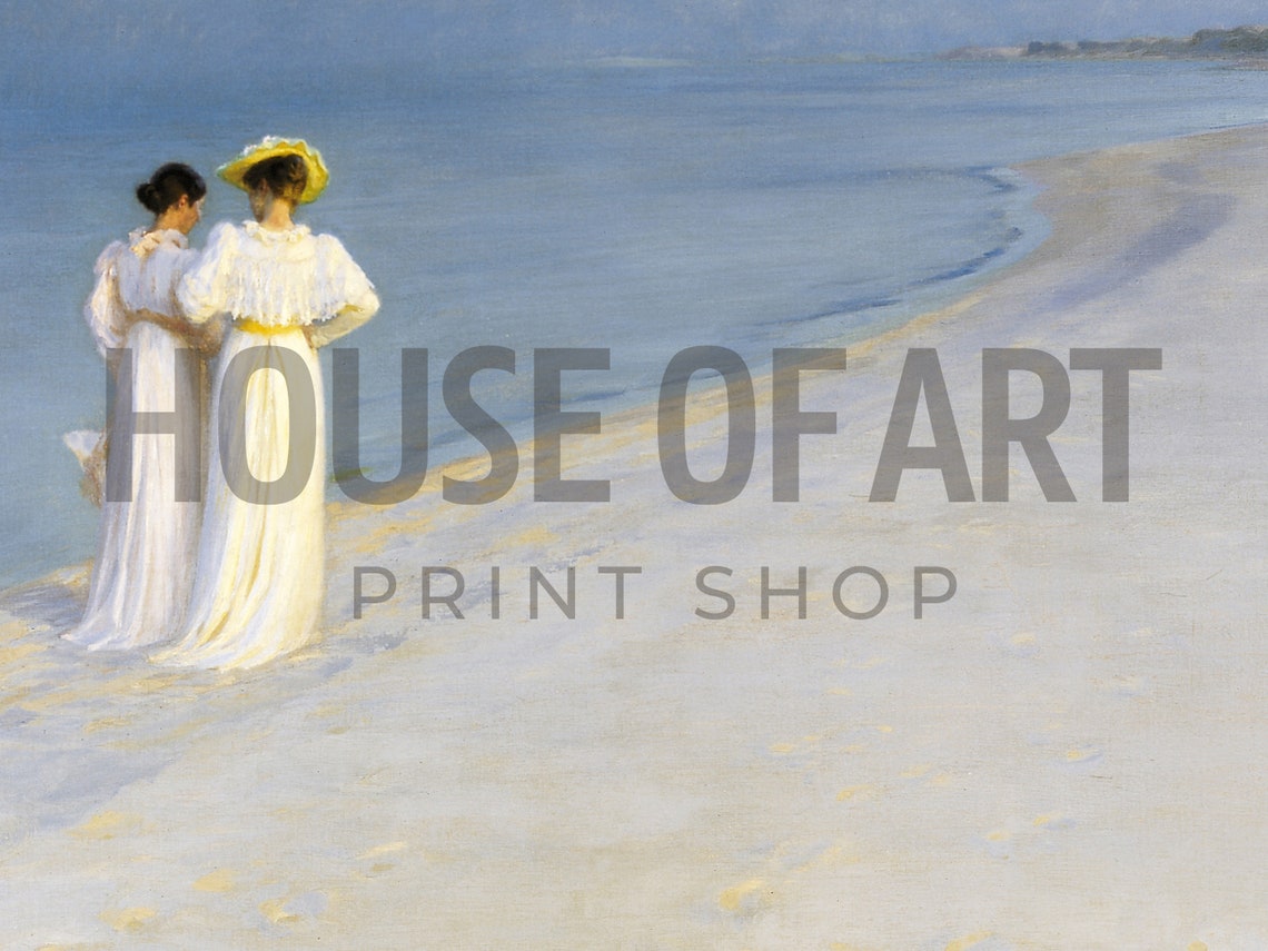 Moonlit Beach Evening Stroll Two Women Vintage Seaside Art Print - Image 2
