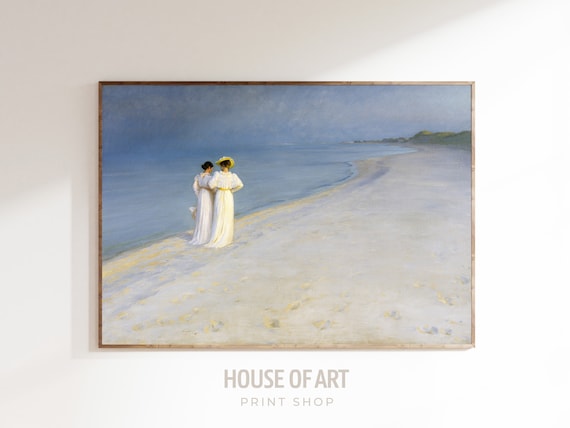 Moonlit Beach Evening Stroll Two Women Vintage Seaside Art Print