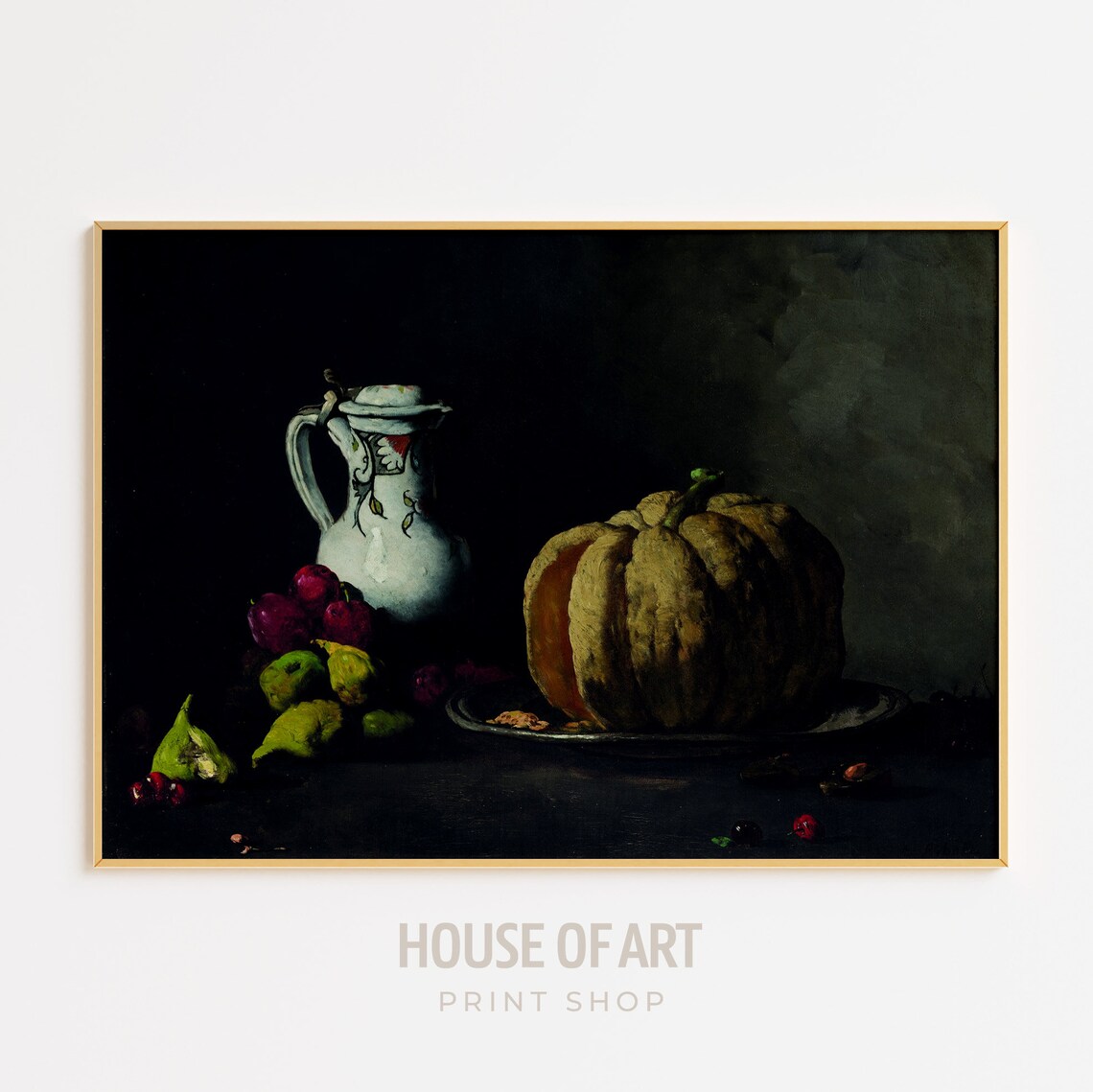 Moody Still Life With Pumpkin Jug And Plums Dark French Oil Painting Print