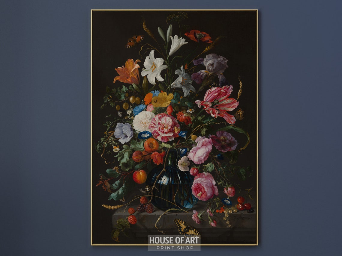 Lavish Dutch Still Life Blue Vase Berries Antique Floral Print - Image 3