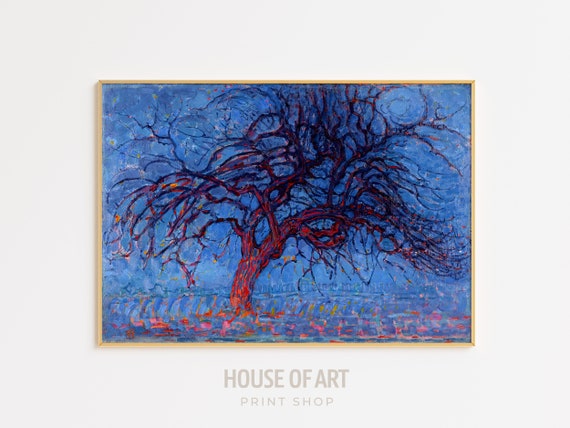 Red Tree Artwork Modern Bright Color Nature Instant Print Blue Evening Sky Dutch Colorful Oil Painting