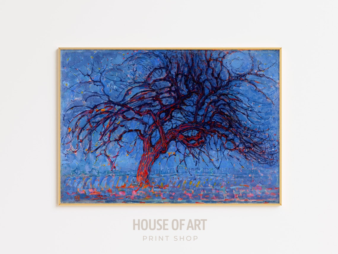 Mondrian Red Tree Blue Evening Sky Expressionist Oil Painting Poster