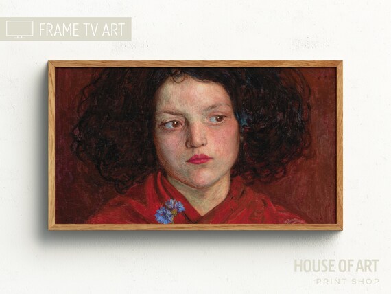 Vintage Irish Girl Portrait Dark Curls Red Garment Cornflower Art Print