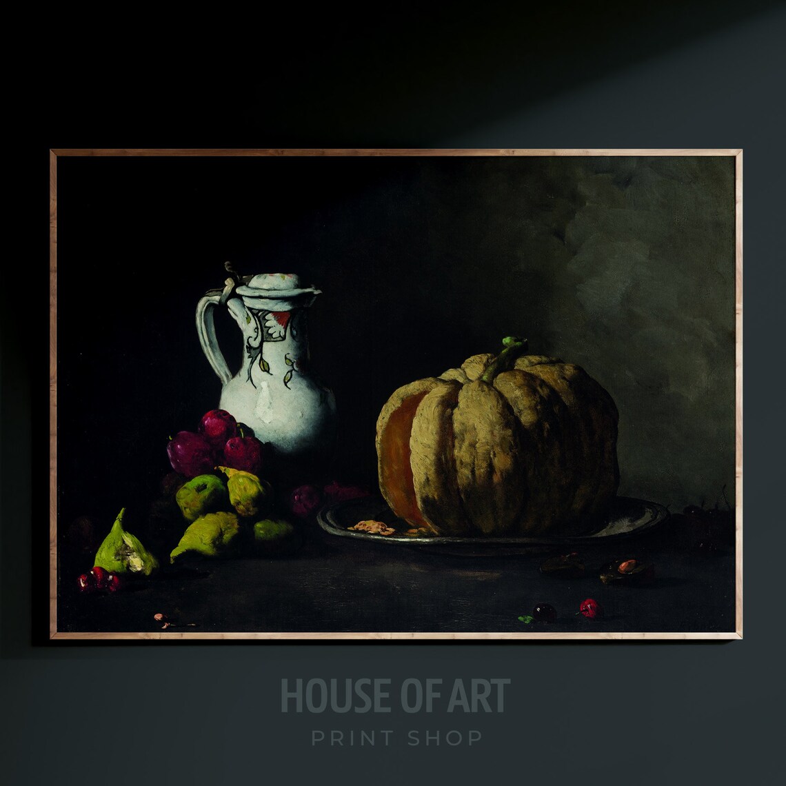 Moody Still Life With Pumpkin Jug And Plums Dark French Oil Painting Print - Image 3