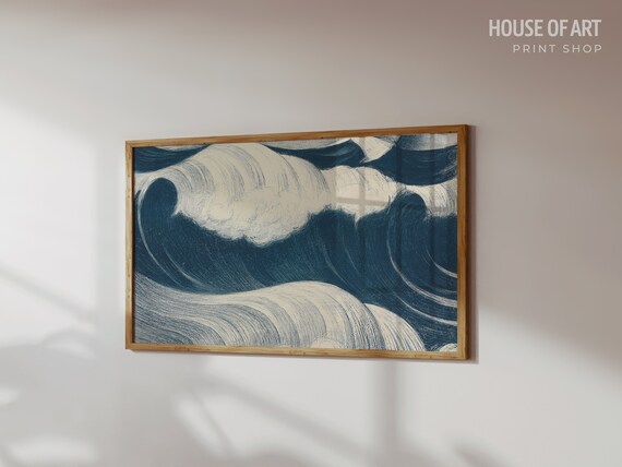 Japanese Ocean Wave Deep Blue White Vintage Woodcut Nature Poster