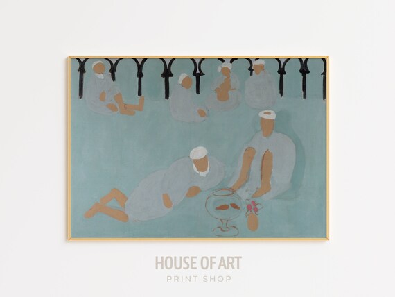 Arab Coffeehouse Scene Moroccan Coffee Shop Poster Goldfish Wall Art Middle Eastern Art Soft Pastel Colors Islamic Wall Art