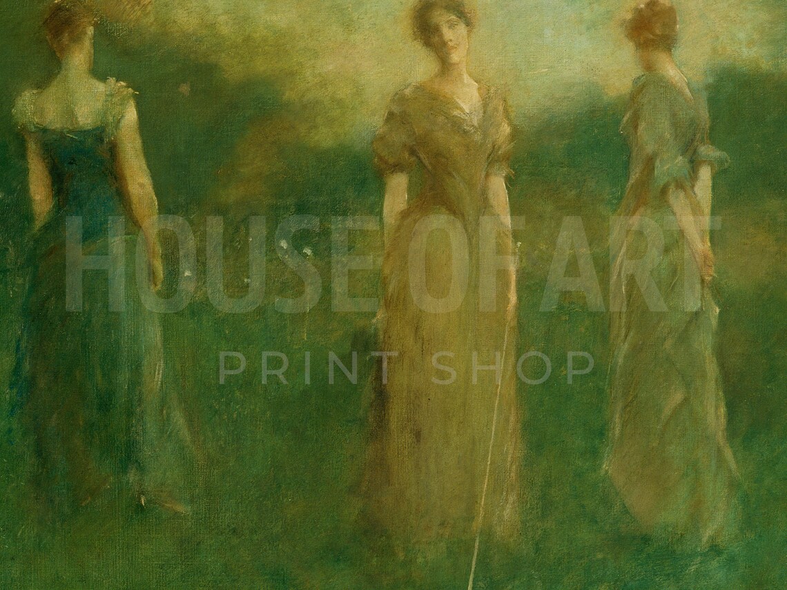 Three Women In Moonlit Green Field Tonalist Vintage Oil Painting Print - Image 2