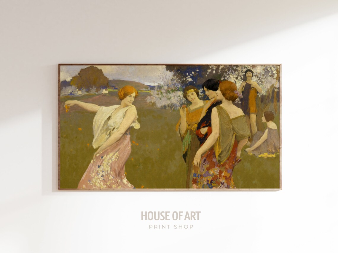 Graceful Women Dancing In Blossom Garden Spring Vintage Oil Art Print - Image 3