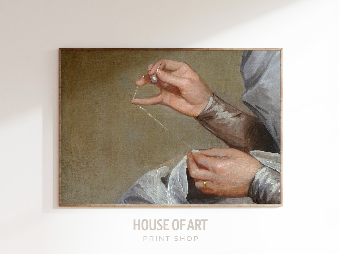 Vintage Hands Threading Needle Sewing Silk Detail Oil Painting Wall Art