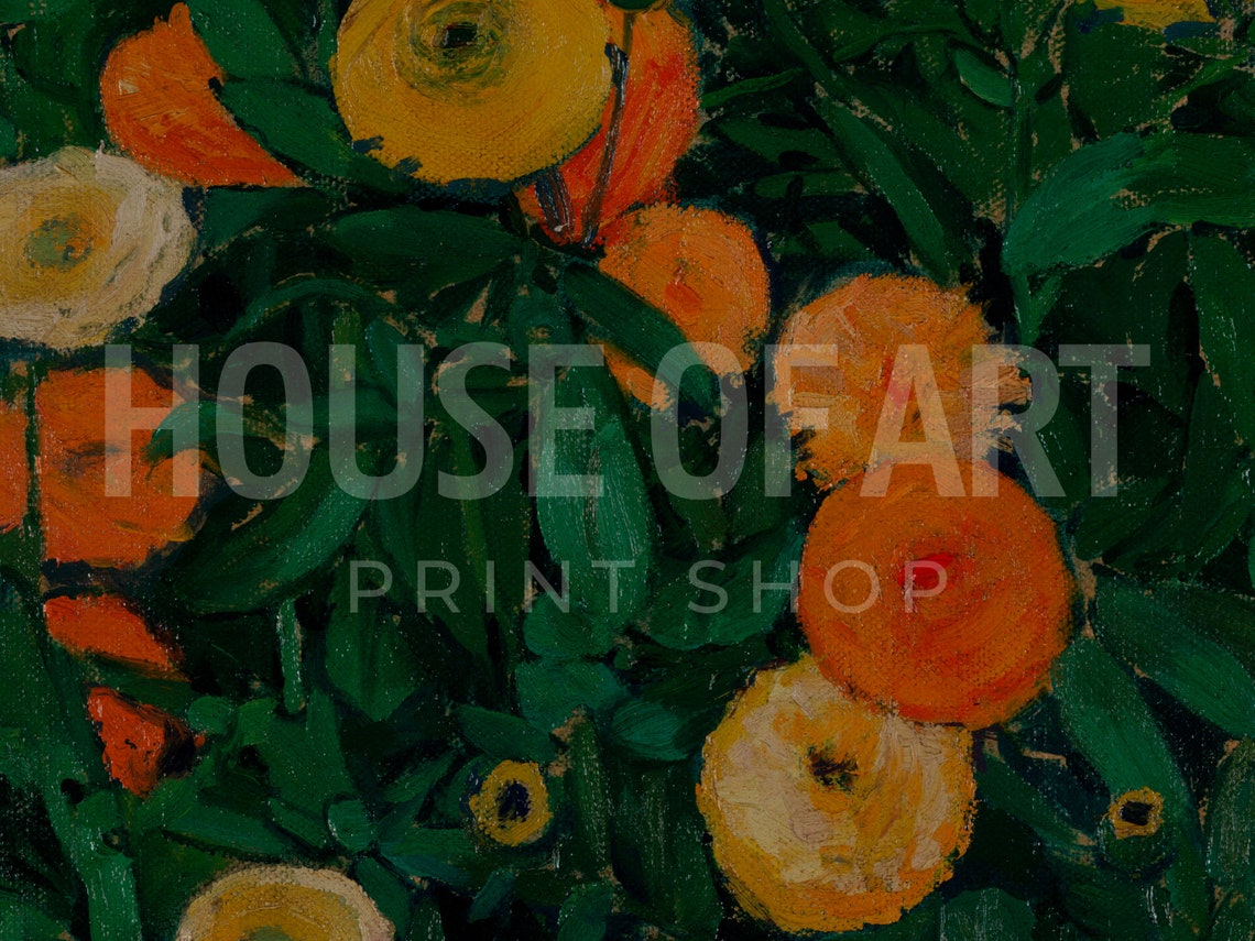 Marigold Garden Orange Yellow Blooms Dark Green Foliage Oil Art Poster - Image 2