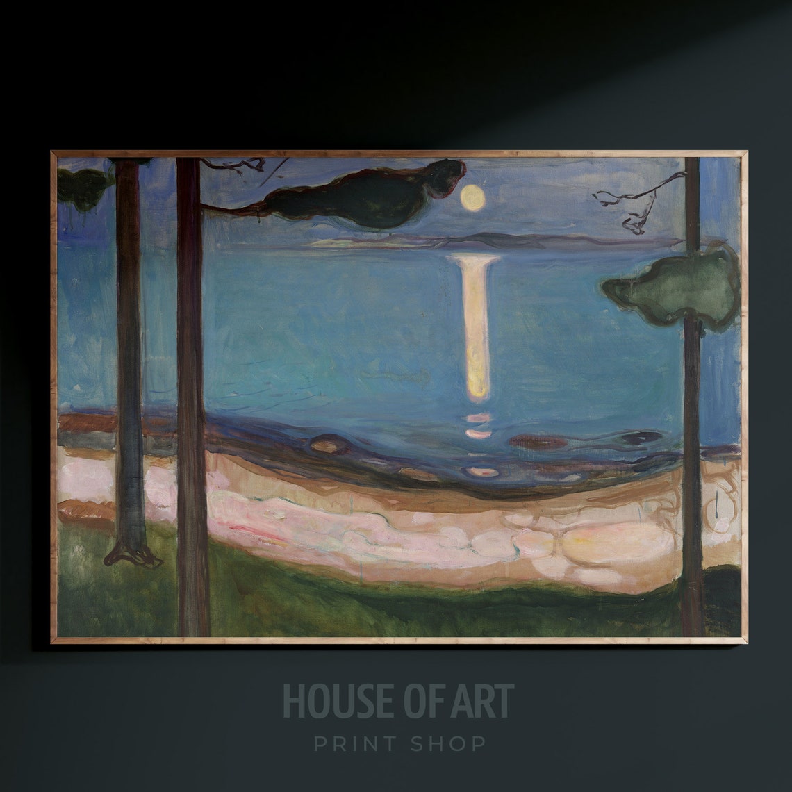 Moonlit Coastal Night Landscape Moonlight Reflection Pines Oil Poster - Image 3