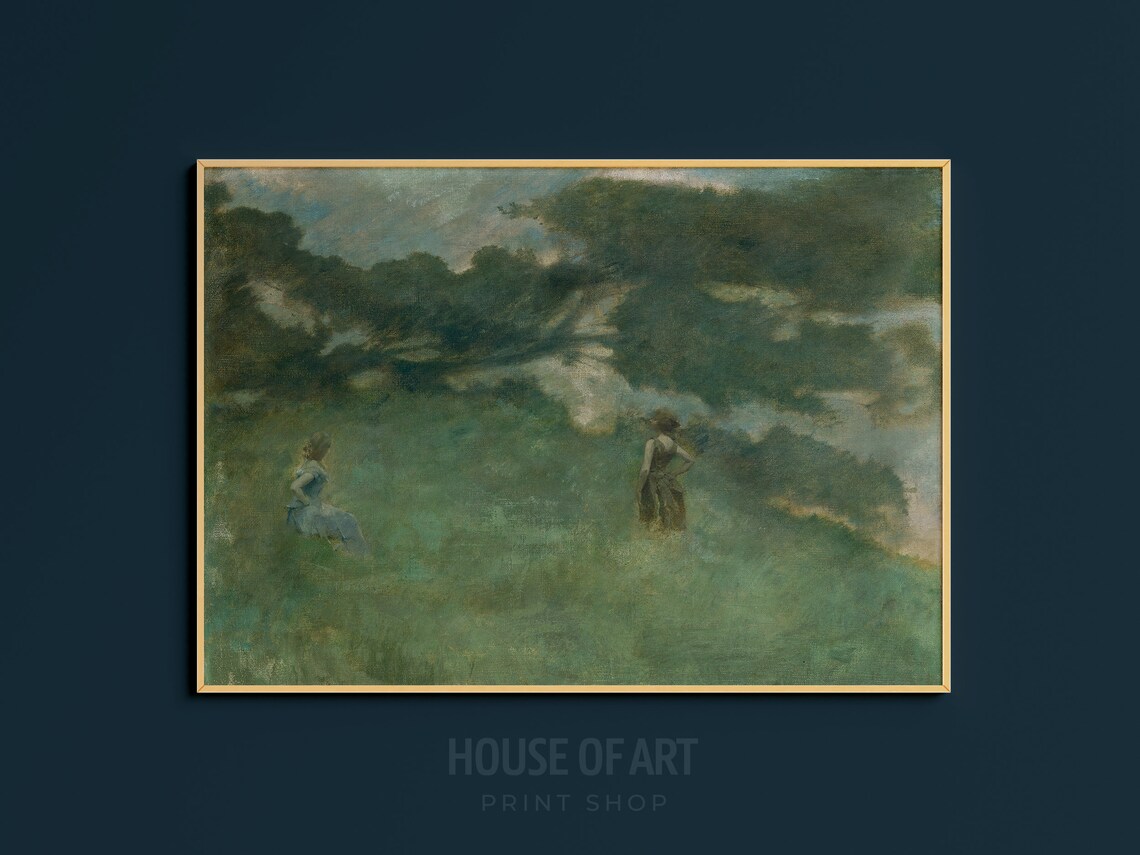 Two Women In Green Meadow Vintage Tonalist Oil Painting Art Print - Image 3